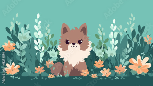Vector illustration of a cute dog in a field of flowers