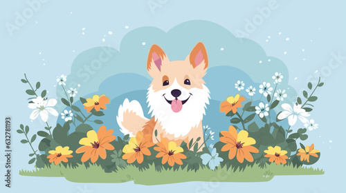 Vector illustration of a cute dog in a field of flowers