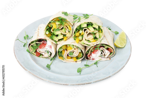Delicious sandwich wraps with fresh vegetables and slice of lime isolated on white