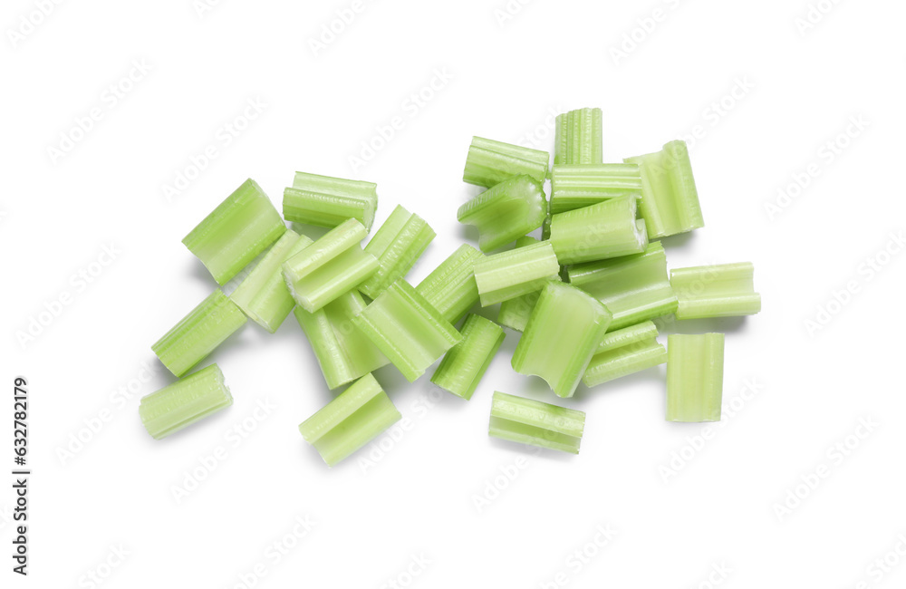 Heap of fresh cut celery isolated on white, top view Heap of fresh cut celery isolated on white, top view