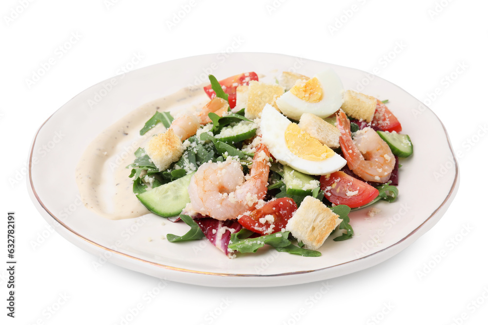 Plate of delicious Caesar salad with shrimps isolated on white Plate of delicious Caesar salad with shrimps isolated on white