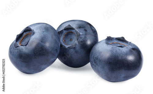 Three fresh ripe blueberries isolated on white