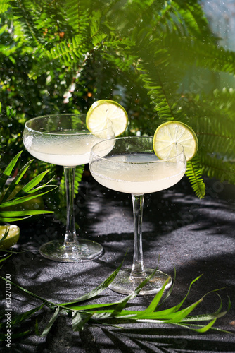 lime daiquiri summer exotic cocktail, flying drops. Tropical background with palm leaves photo