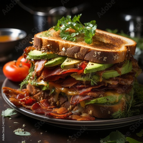 A delicious layered bacon, lettuce and tomato sandwich with avocado. Generative AI. 