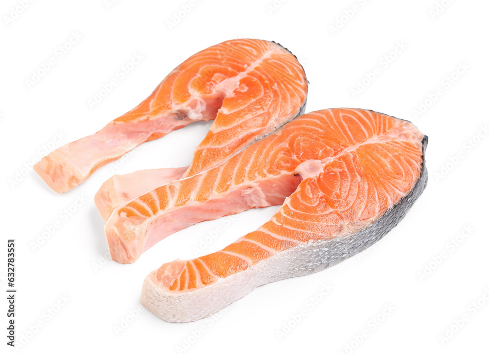 Raw salmon steaks on white background Raw salmon steaks on white background