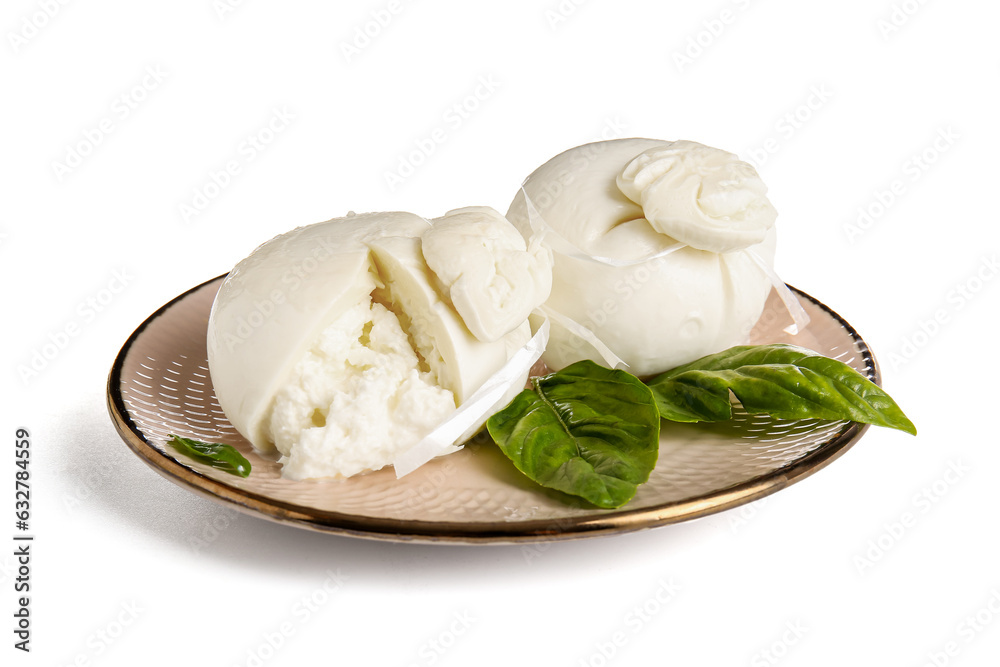 Plate of tasty Burrata cheese with basil on white background Plate of tasty Burrata cheese with basil on white background