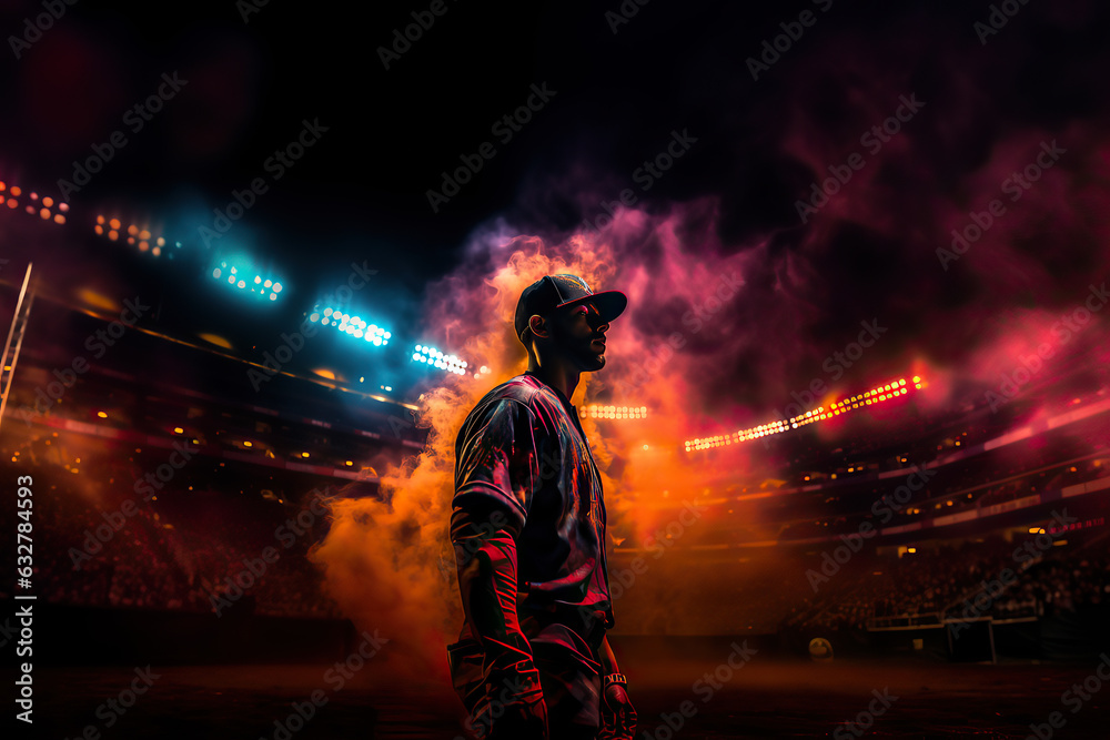Photorealistic illustration of baseball player in a nighttime stadium with dramatic lighting and smoke.
This image was created using AI generative technology.	 - obrazy, fototapety, plakaty 
