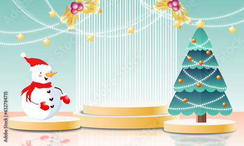 3d product podium, merry Christmas color background, with empty space, snowman, xmas tree, stars