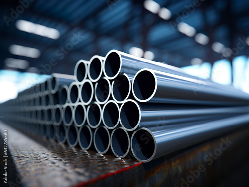 A composition of gray industrial steel pipes separated for delivery. Steel tubes with textures and robust lines against a blurred background. Generative AI
