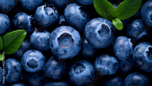 Top view of bright ripe fragrant blueberries with water drops background