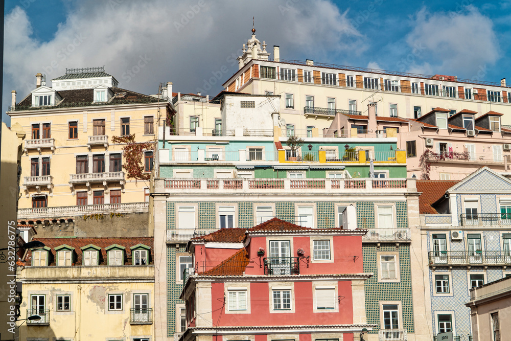 View of old historic houses in the city center of Lisbon, Portugal