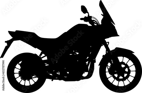 Black and white illustration of a big tall motorcycle for the road and countryside