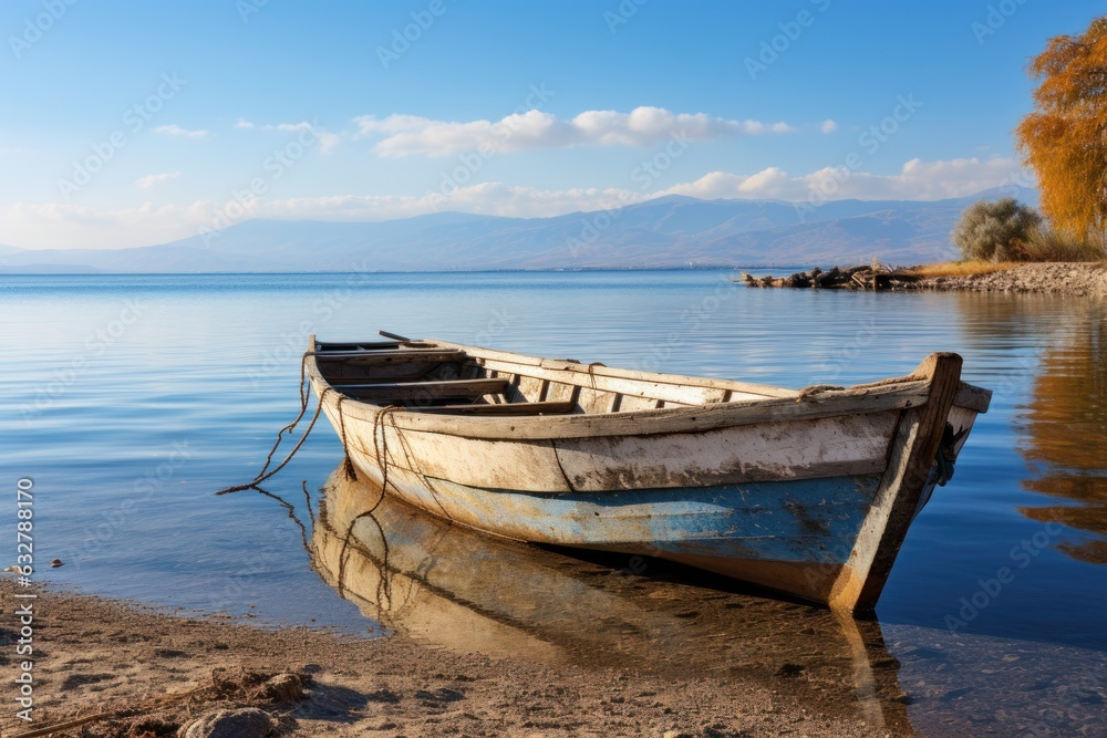 a boat sits on the shore of a lake