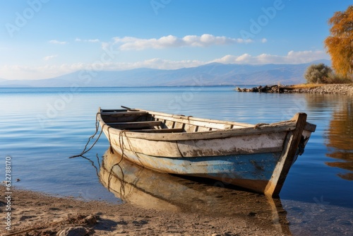 a boat sits on the shore of a lake