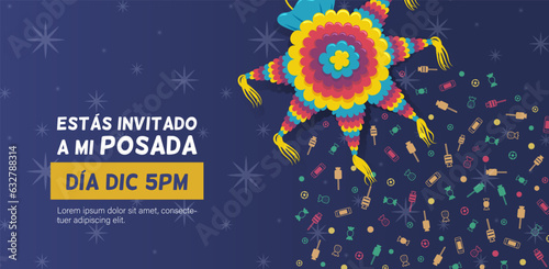 invitación a fiesta de posada con piñata y muchos dulces. Banner horizontal de celebraciones de navidad en México.