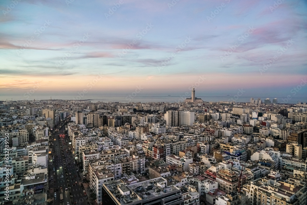 Cityscape by sunset with Casablanca Grand Moche mosque in Morocco