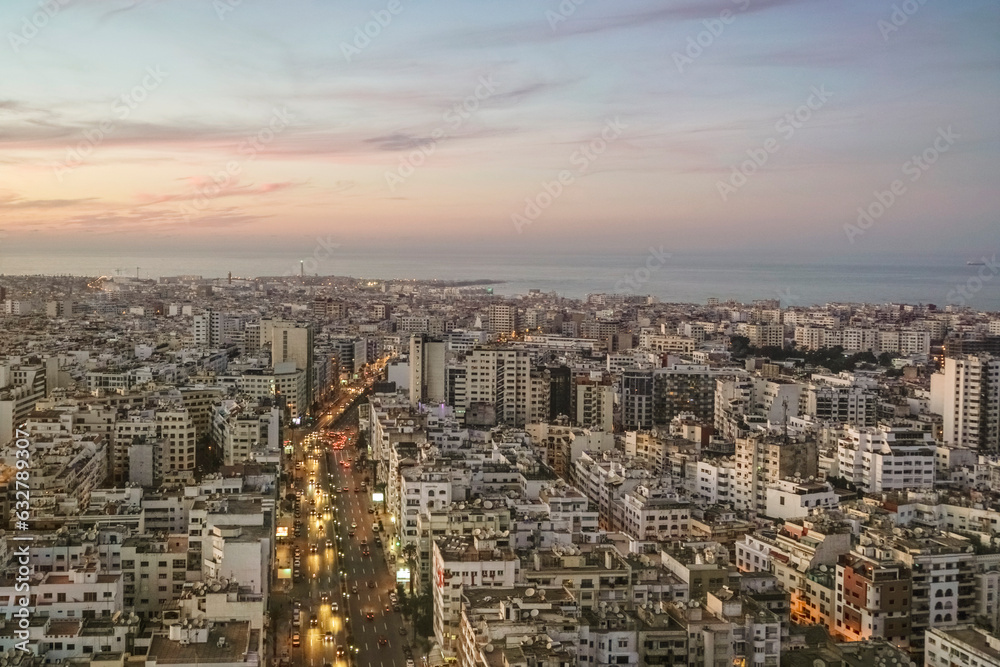View of the skyline and cityscape of Casablanca city from above before sunset, Morocco View of the skyline and cityscape of Casablanca city from above before sunset, Morocco
