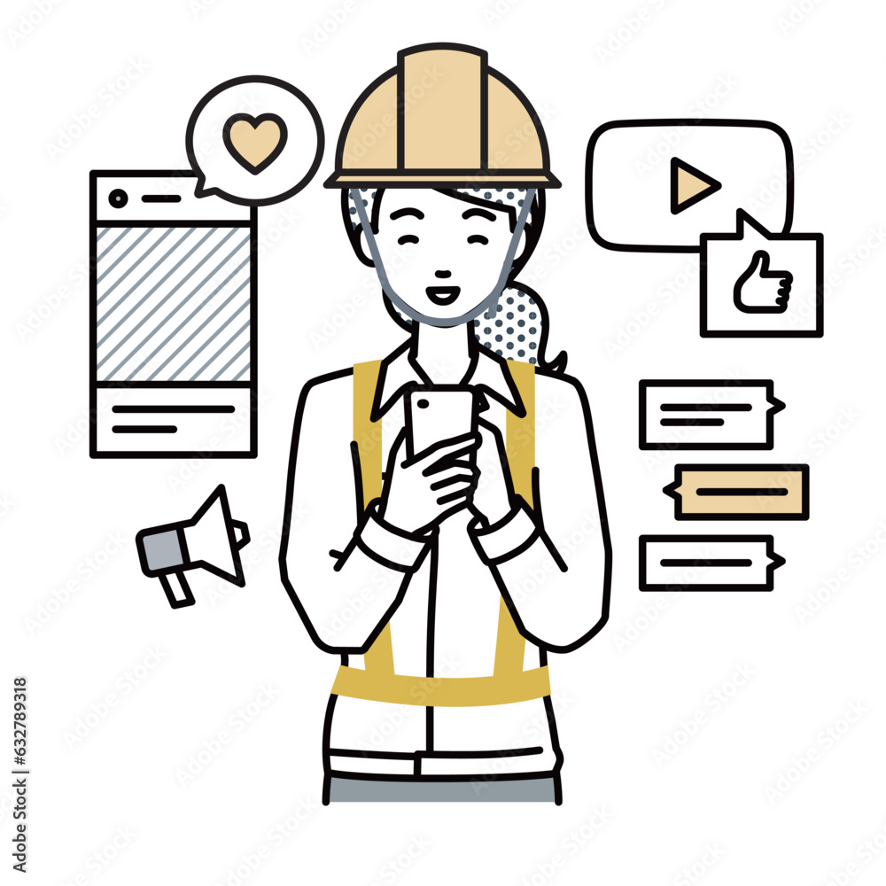 a woman working at construction sites enjoying communication via various social network and messenger standing and looking in smart phone in her hands a woman working at construction sites enjoying communication via various social network and messenger standing and looking in smart phone in her hands