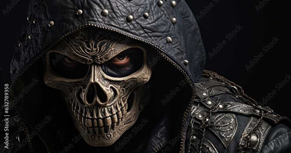 Skull Mask with Hood and Chain: Scary Halloween Costume Photo Generative ai Skull Mask with Hood and Chain: Scary Halloween Costume Photo Generative ai