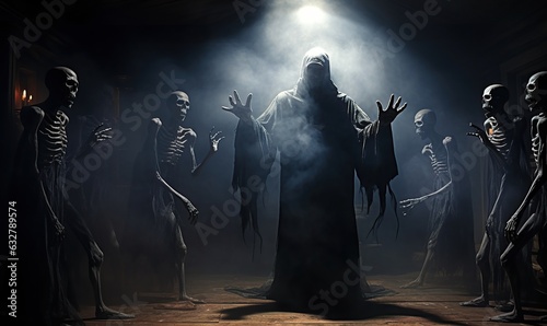 Halloween Skeletons in Dark Room Generative ai 