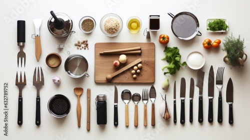 a table full of kitchen utensils and a variety of objects