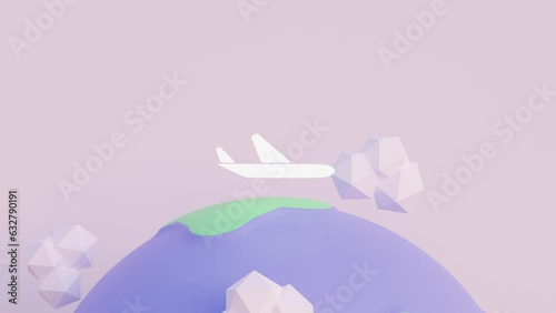 An airplane built on low poly modeling is flying over a rotating Earth