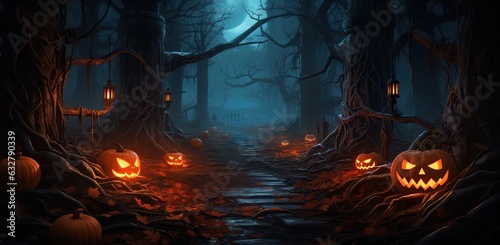 Group of glowing pumpkins in a dark forest  generative ai