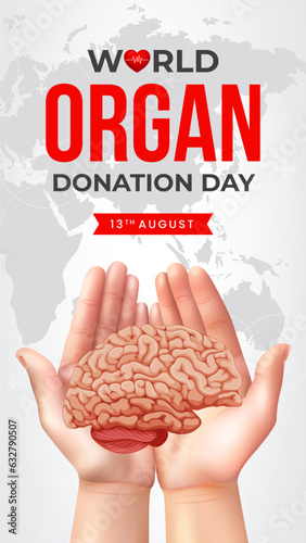 World organ donation day with brain for transplantation, saving lives, social network post story, artwork, print, doodle, vector illustration (Vector)