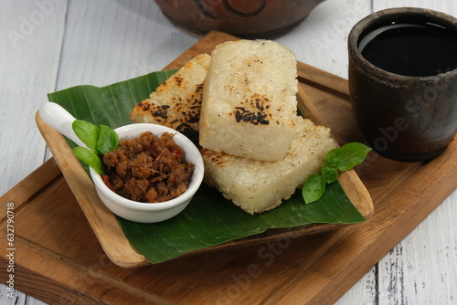 jadah Ketan Bakar or Roasted Glutinous Rice or Sticky Rice, is one of Indonesian traditional food served with sambal oncom and really famous in west java indonesia photo