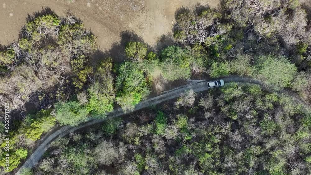 Aerial view of a car driving on a scenic route on an island in the Caribbean Aerial view of a car driving on a scenic route on an island in the Caribbean