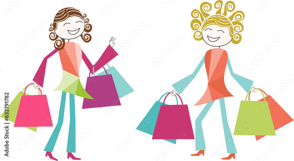 Two happy smiling women with shopping bags in each hand, on PNG files
Two happy smiling women with shopping bags in each hand, on PNG files
