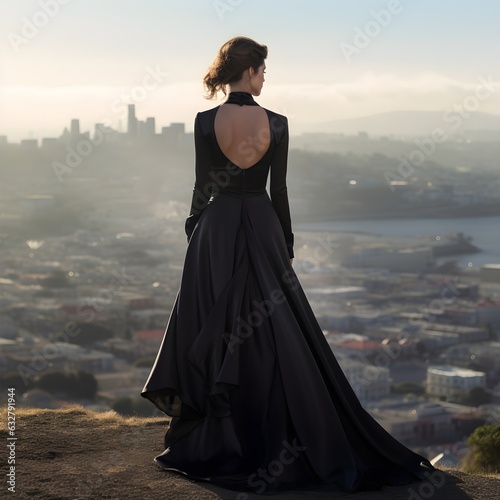 Stylish Young Woman in Elegant Black Evening Gown Overlooking Beautiful City Landscape