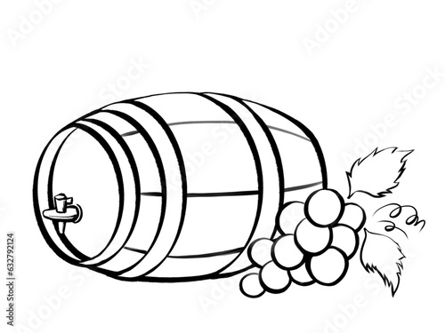 シンプルなワイン樽とぶどうの筆絵風線画イラスト photo