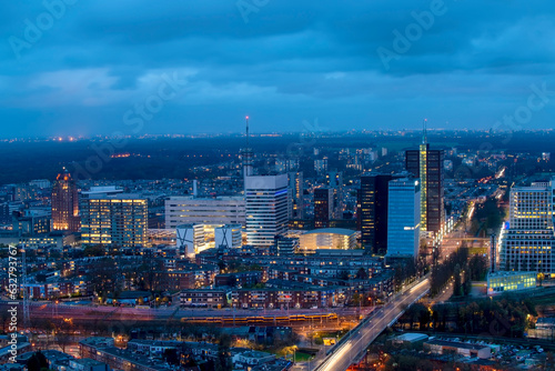 View of The Hague city center skyline at night with the government towers