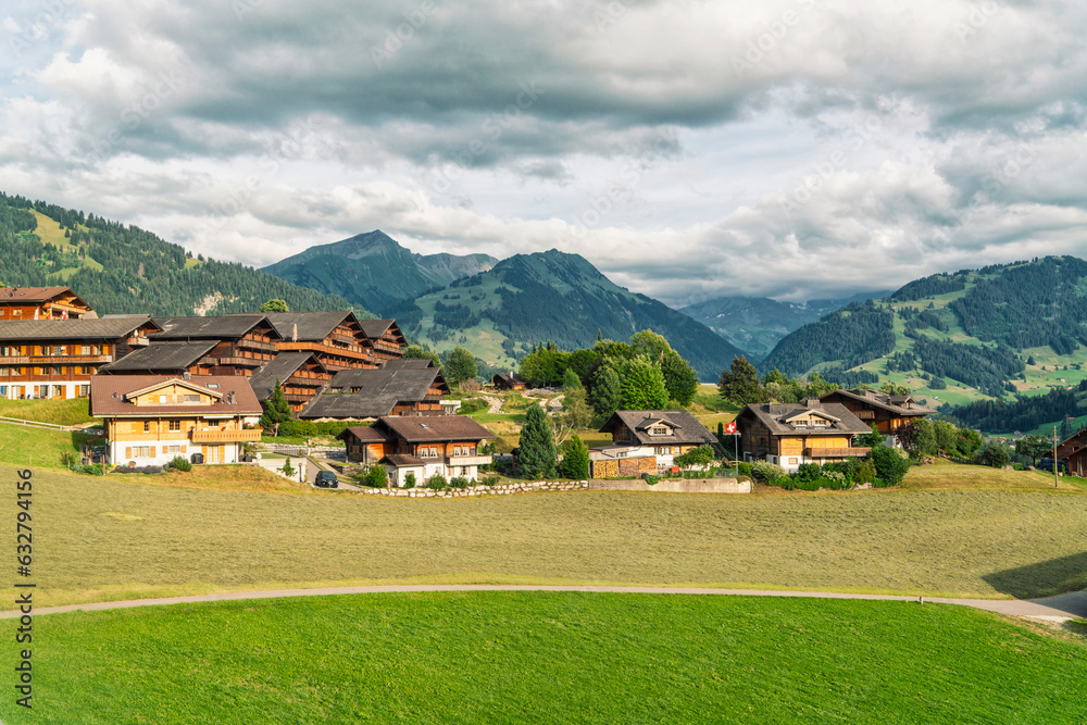 swiss countryside with green fields, houses and Alp mountains in the background, Switzerland