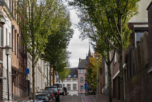 Panorama of a typical suburban dutch street in a countryside village of the netherlands, called Vaals, in Limburg, with houses and residential buildings in the village center.