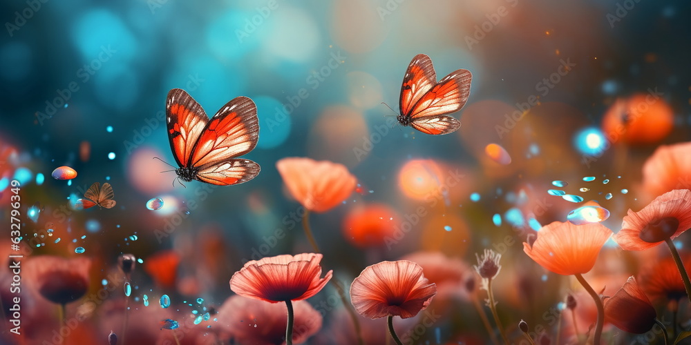 wild flowers on field at morning,dew drops and butterfly nature landscape 