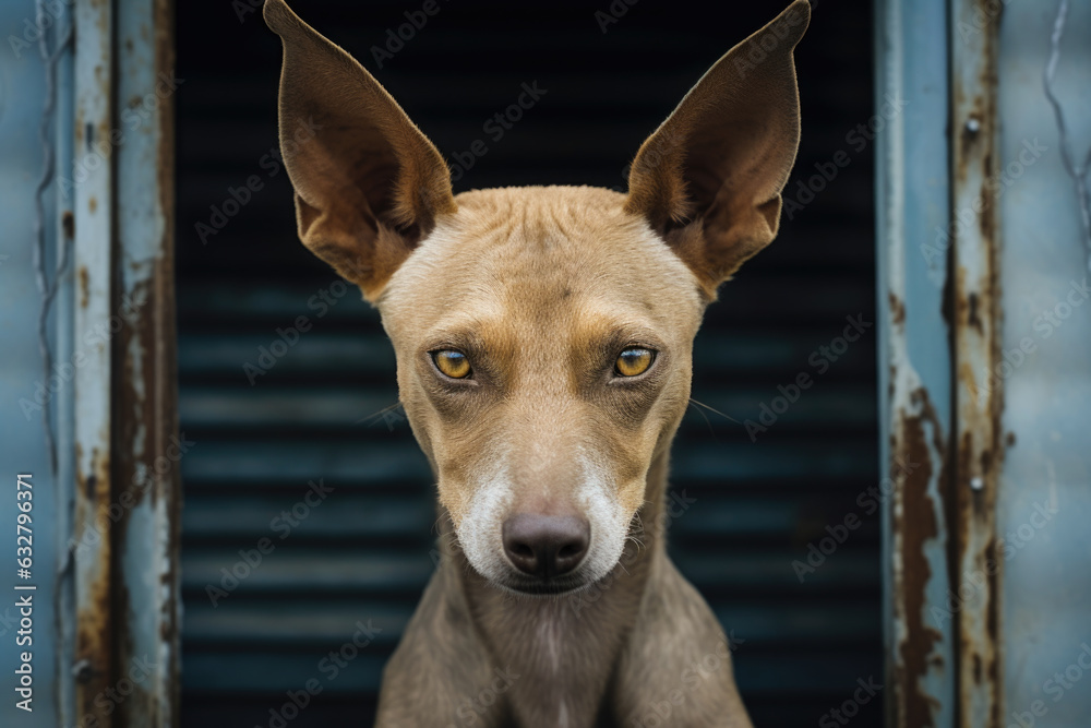 Close up of a dog’s face.The dog is a light brown color with pointy ears and a long nose. The dog’s eyes are a golden color and are looking directly at the camera