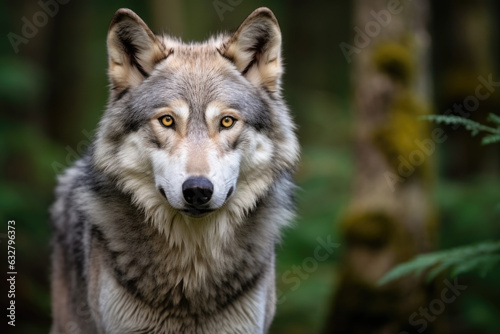 Portrait of a wolf in a forest. The wolf is facing the camera and has a neutral expression. The wolf has a gray and white coat with a black nose and yellow eyes