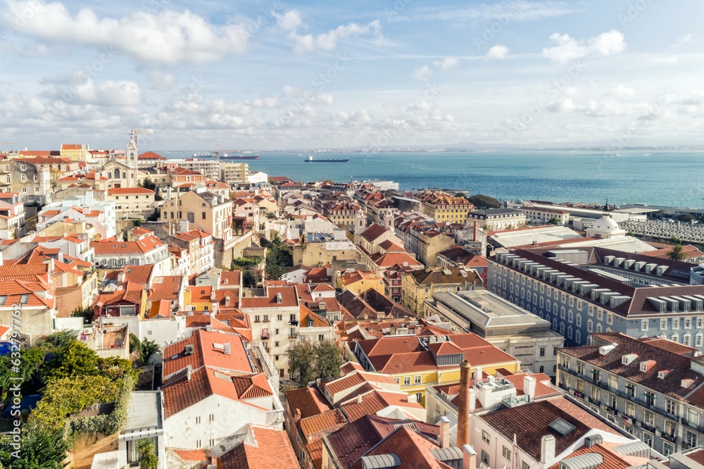 Aerial view of the skyline and cityscape of the old city of Lisbon in Portugal