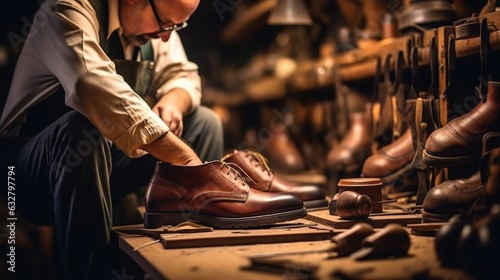 shoemaker crafting a shoe in a traditional workshop, generative ai