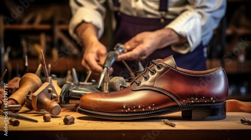 shoemaker crafting a shoe in a traditional workshop, generative ai