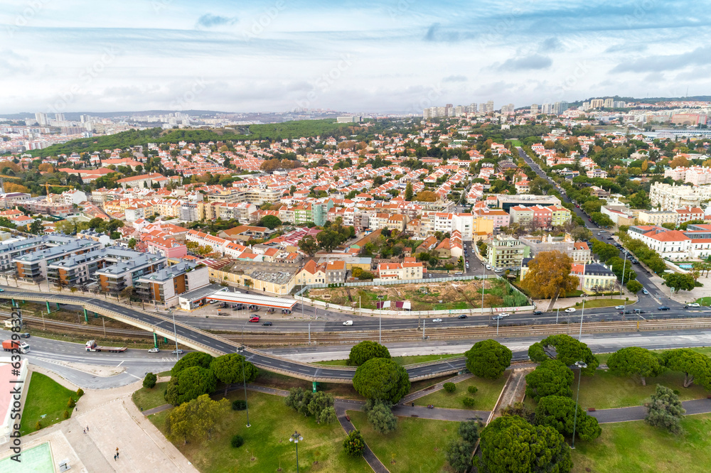 Aerial view of the skyline and cityscape of Lisbon from the coast, Lisbon, Portugal