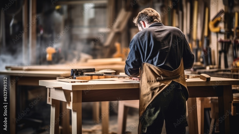 carpenter working on a piece of furniture in a workshop generative ai