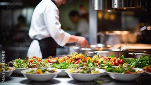 chef preparing a gourmet meal in a bustling restaurant kitchen generative ai