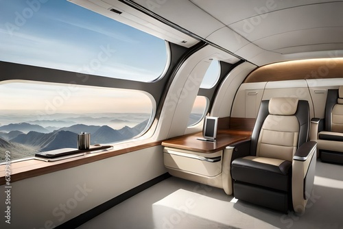 A private airplane with beige leather seats and a tray table in the style of modern luxury, overlooking the sky through a window.  © Fatima