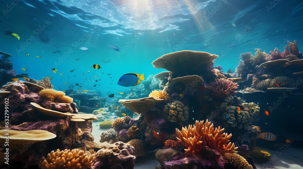 beautiful underwater scenery with various types of fish and coral reefs