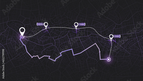 Map city with gps pins. Direction markers for navigation. Street, road, park. Destinations sing along the path. Alternative way with location system. Urban map with pointers. Vector, Black background