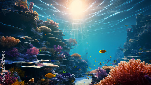 Photo beautiful underwater scenery with various types of fish and coral reefs
