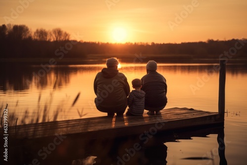 silhouettes of a couple of men with a child on a fishing trip at sunset.family concept. 